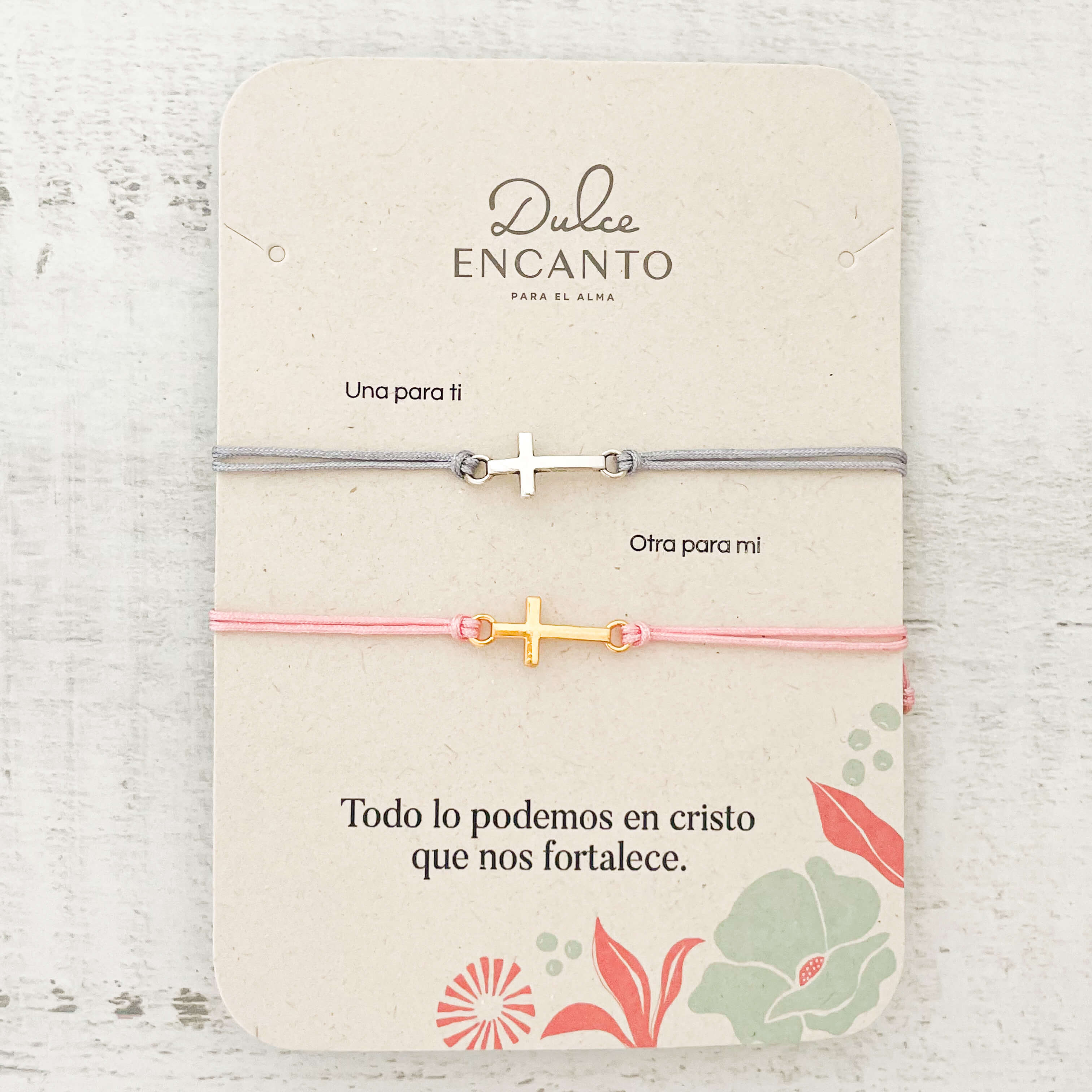 Pulsera Parejas Cruz Hilo Rosado Gris