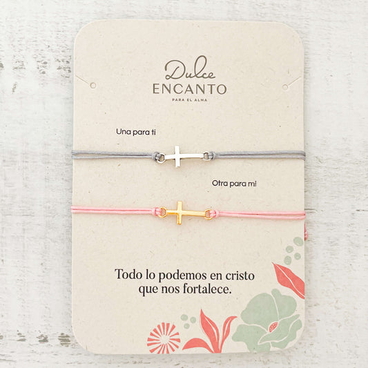 Pulsera Parejas Cruz Hilo Rosado Gris