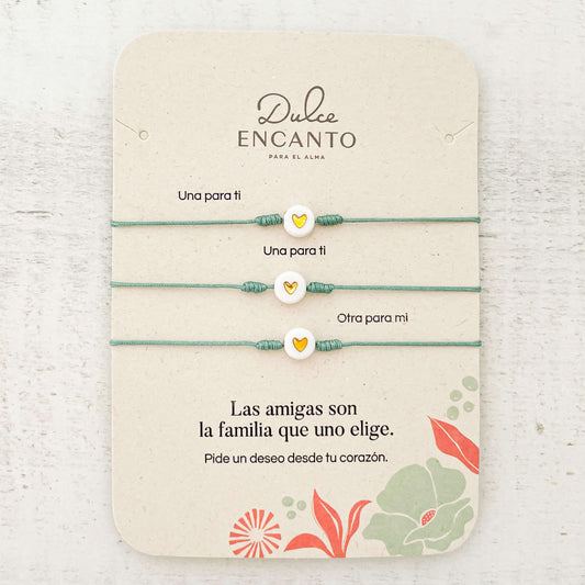 Pulsera Set De 3 Amigas Corazón Dorado Blanco Para Compartir