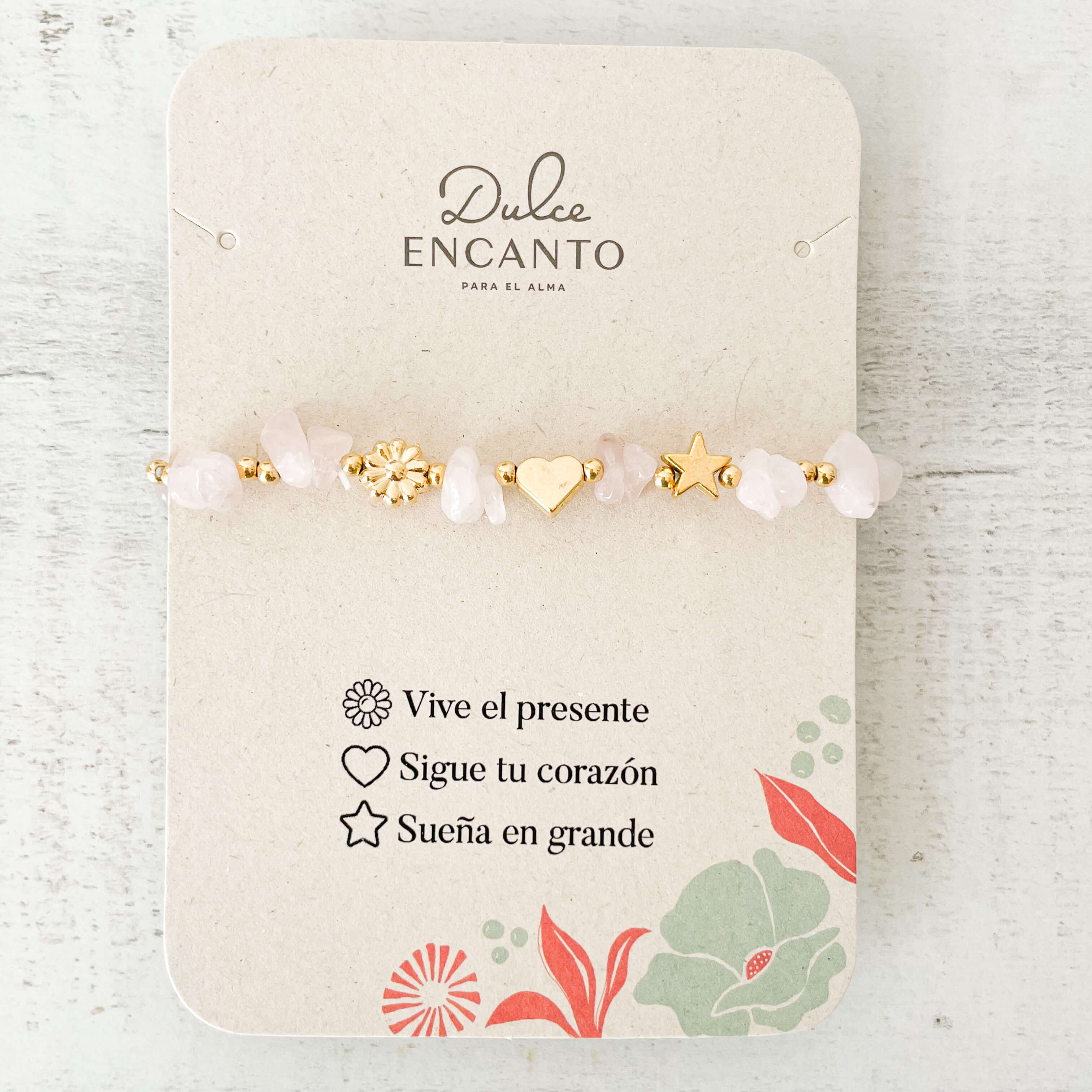 Pulsera Cuarzo Rosado Piedra Natural 3 Intenciones Con Significado