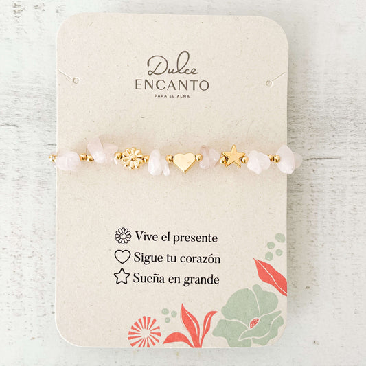 Pulsera Cuarzo Rosado Piedra Natural 3 Intenciones Con Significado