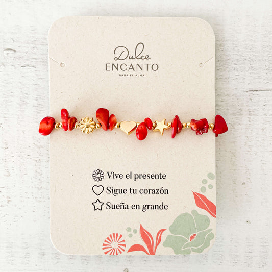 Pulsera Coral Rojo Piedra Natural 3 Intenciones Con Significado