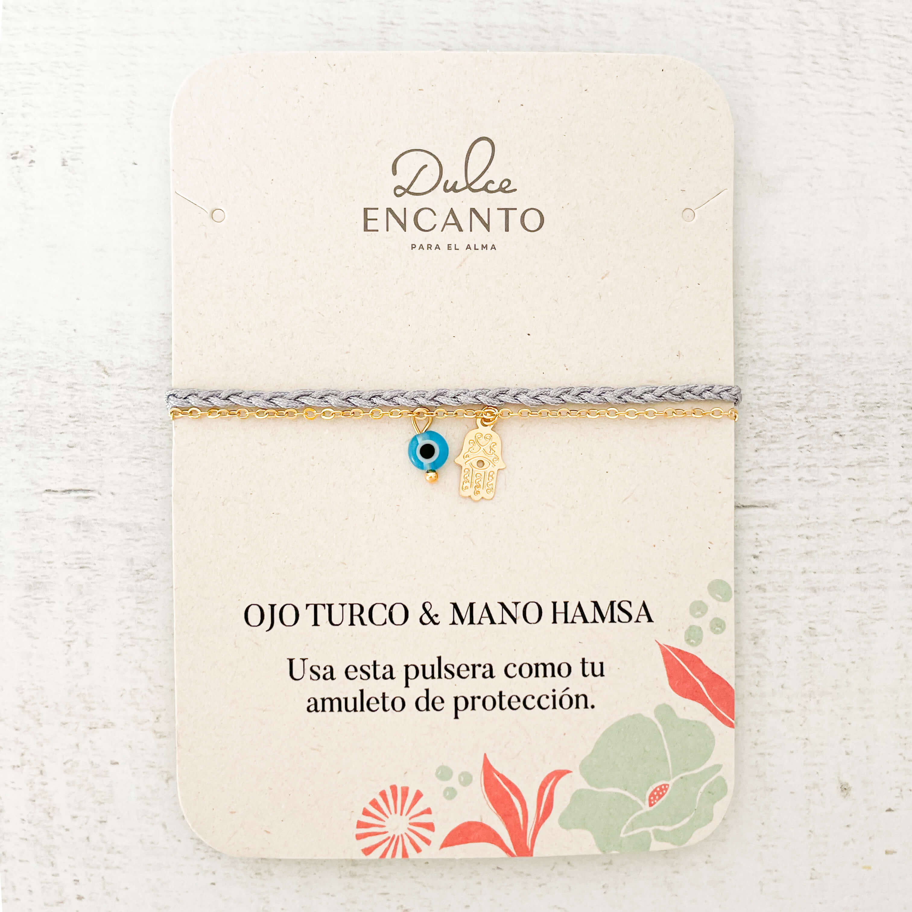 Pulsera Protección Ojo Turco Mano Hamsa Cadena Trenza Gris