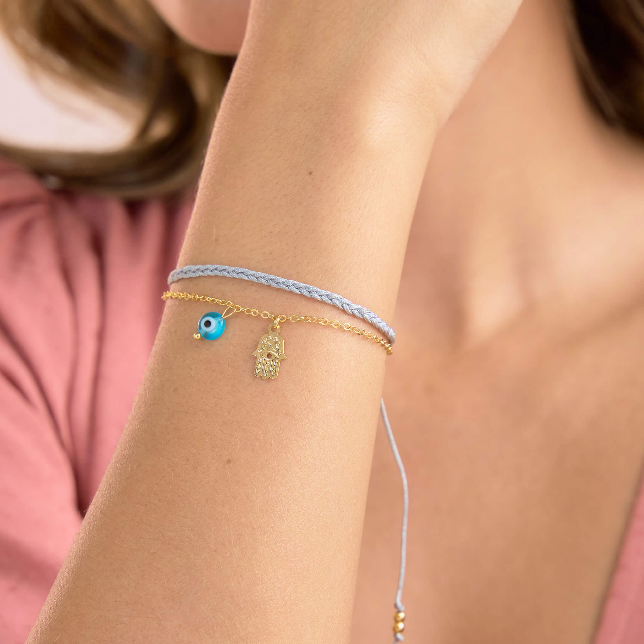 Pulsera Protección Ojo Turco Mano Hamsa Cadena Trenza Gris