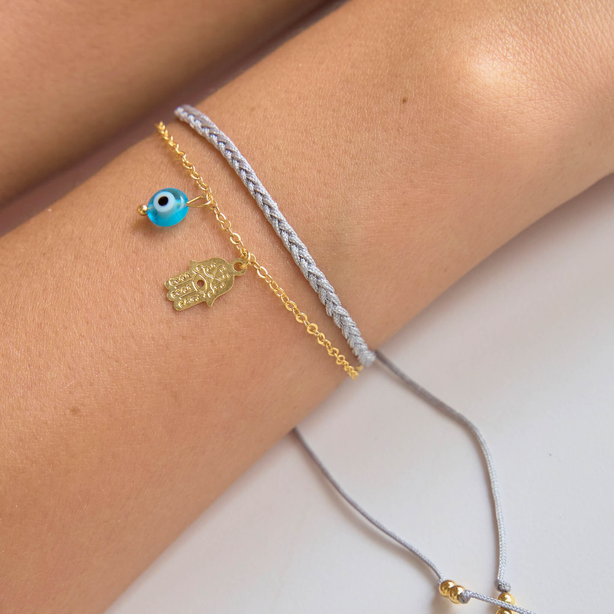 Pulsera Protección Ojo Turco Mano Hamsa Cadena Trenza Gris