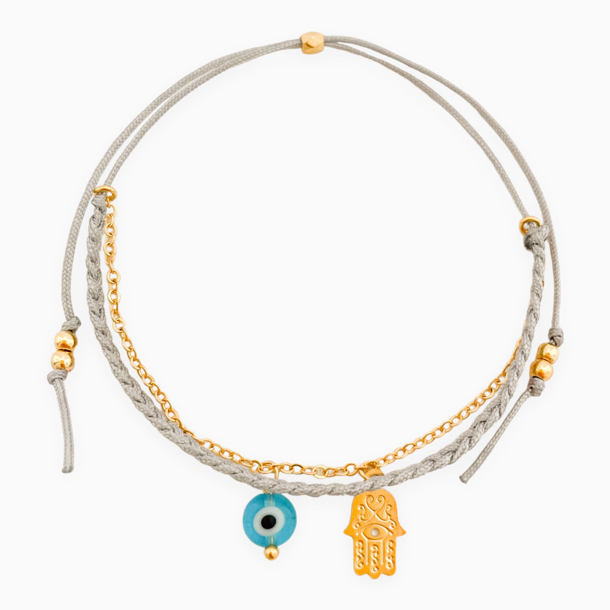 Pulsera Protección Ojo Turco Mano Hamsa Cadena Trenza Gris