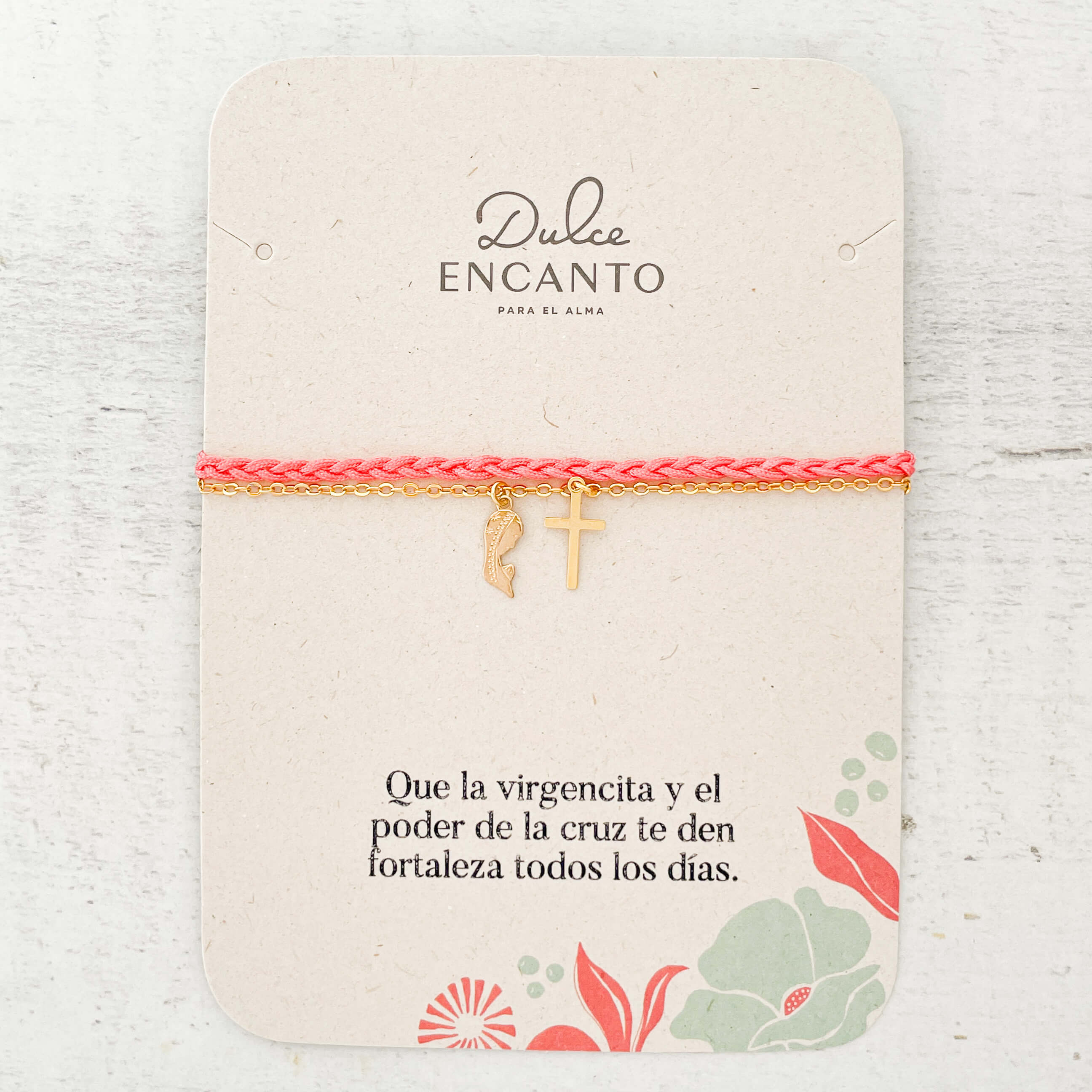 Pulsera Fe Virgencita Cruz Cadena Trenza Rosado