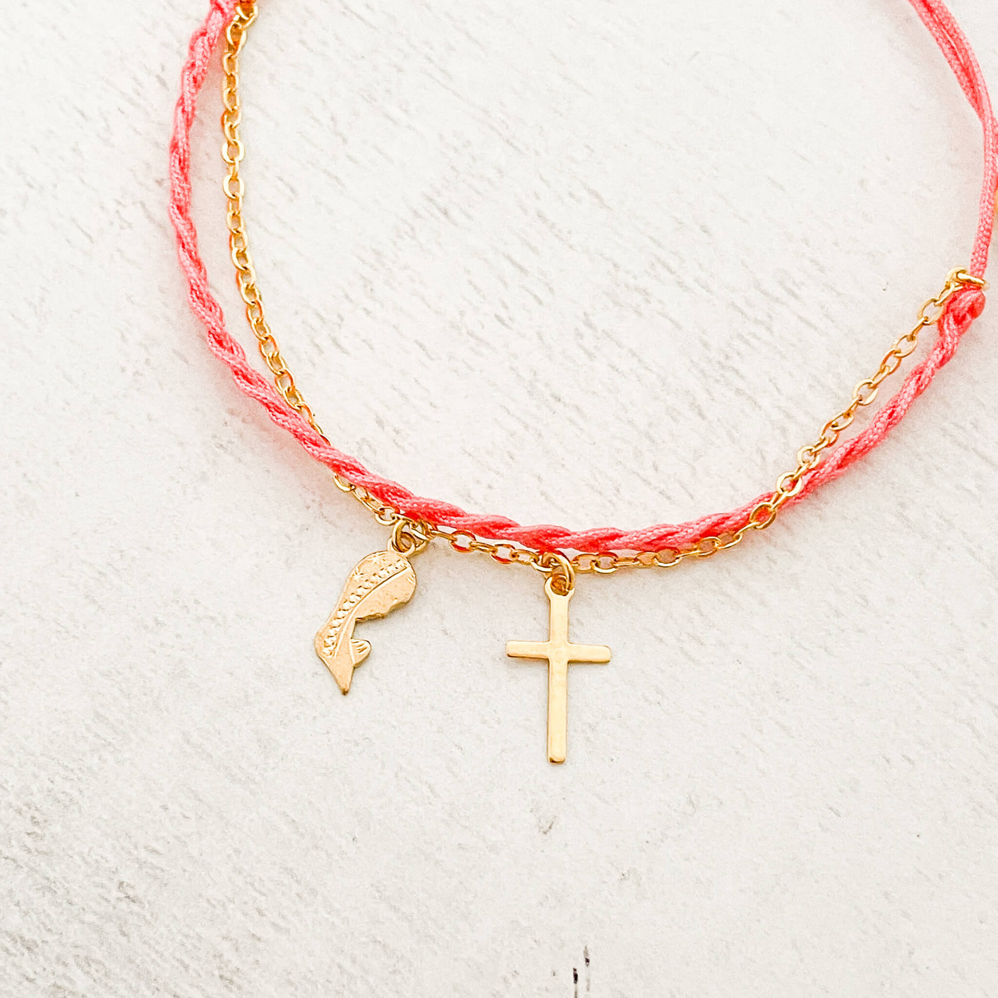 Pulsera Fe Virgencita Cruz Cadena Trenza Rosado
