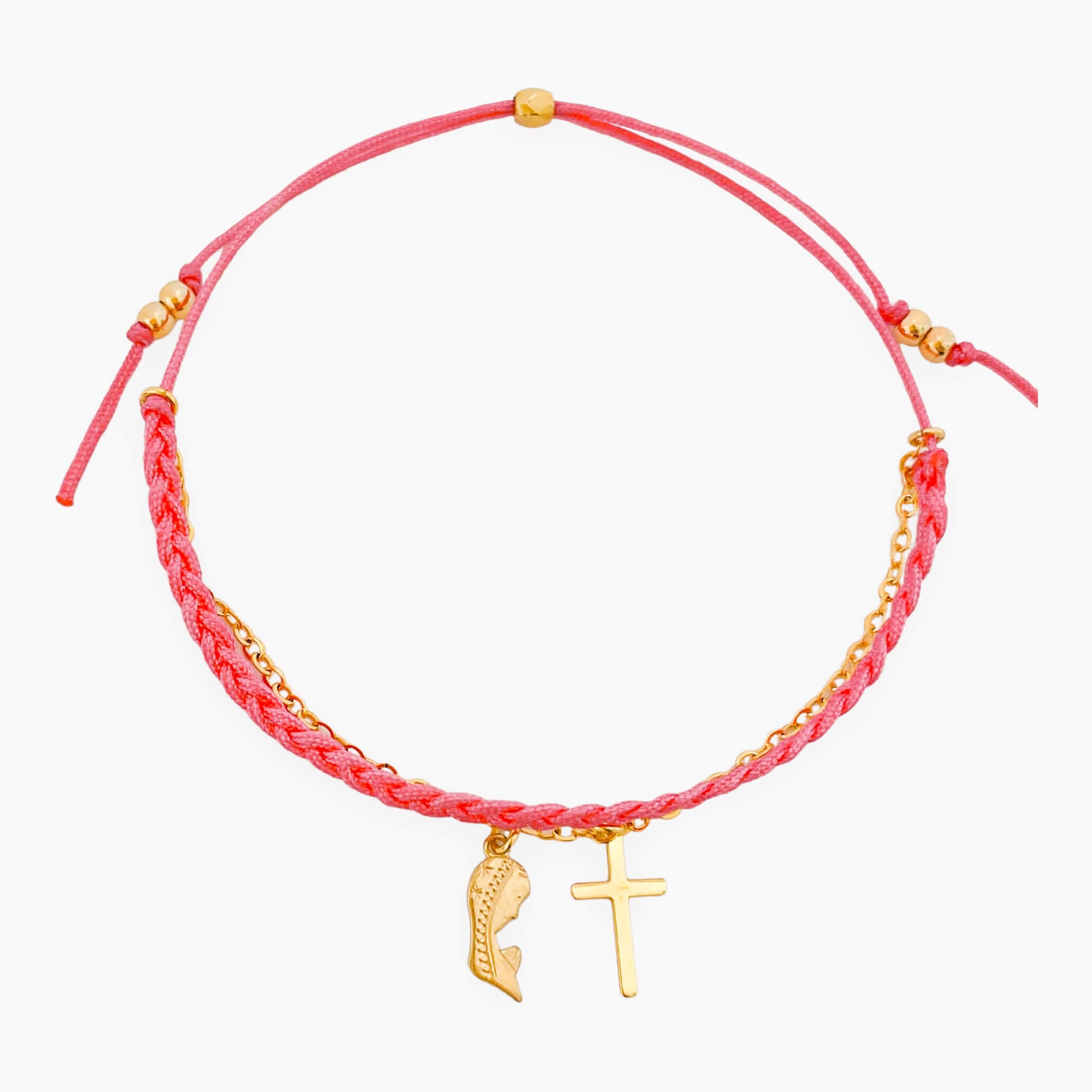 Pulsera Fe Virgencita Cruz Cadena Trenza Rosado