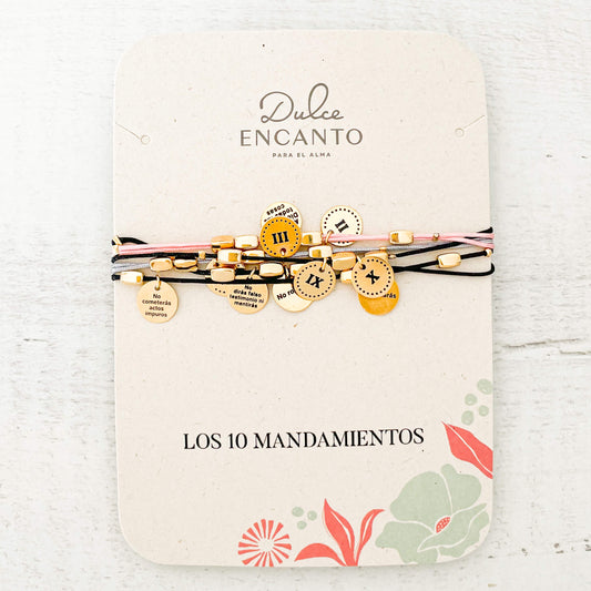 Pulsera 10 Mandamientos Hilo Rosado Negro Gris Con Significado