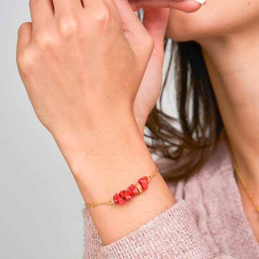 Pulsera Coral Rojo Piedra Natural Broche Cadena