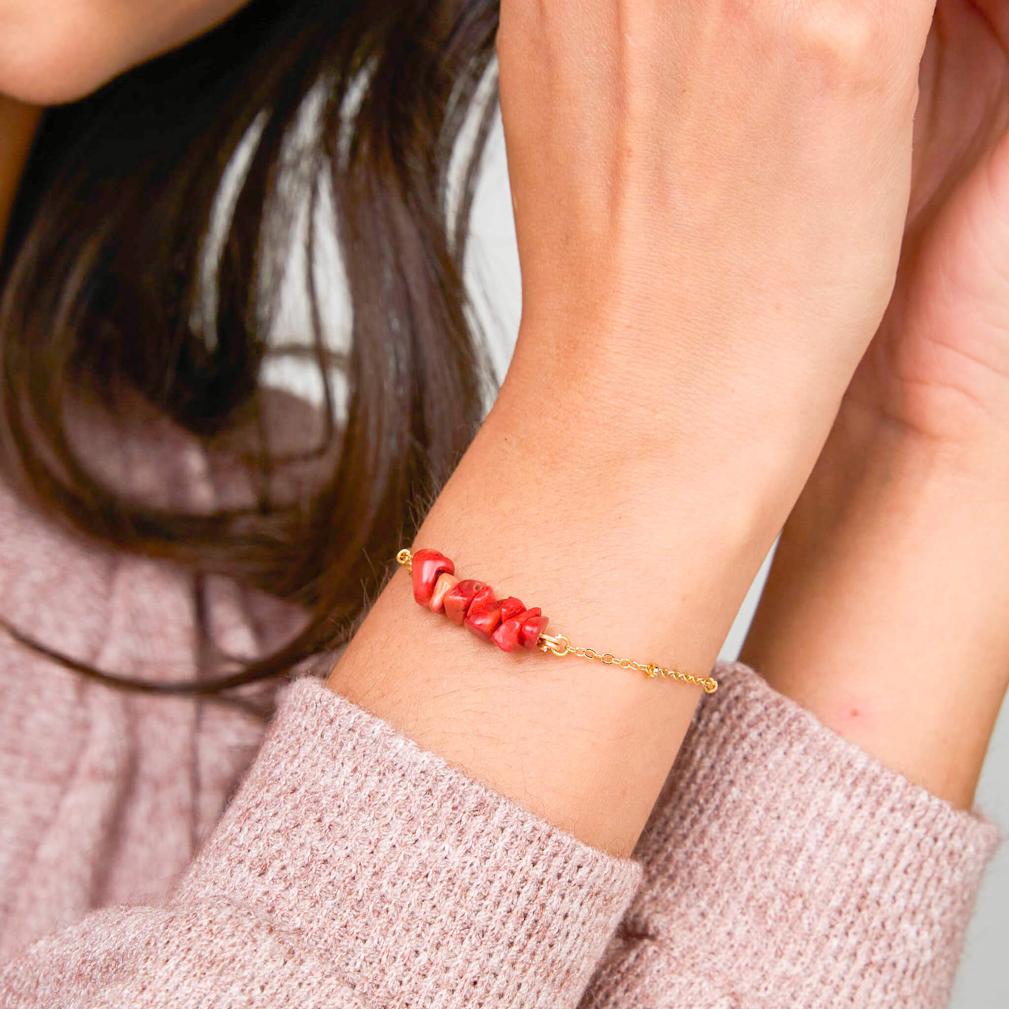 Pulsera Coral Rojo Piedra Natural Broche Cadena