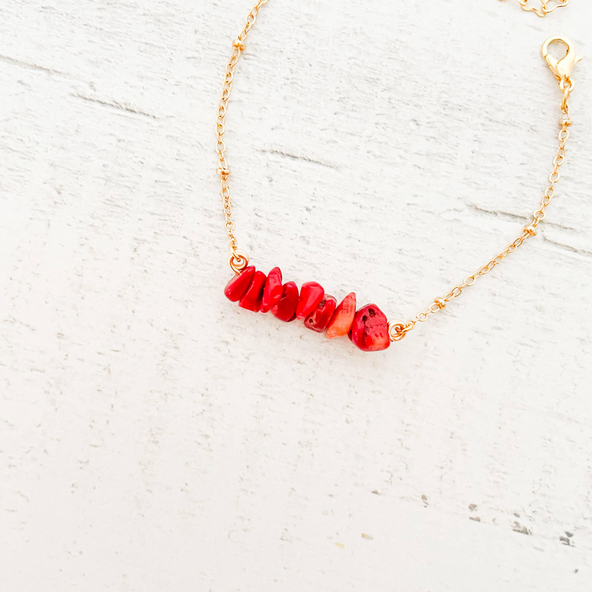 Pulsera Coral Rojo Piedra Natural Broche Cadena