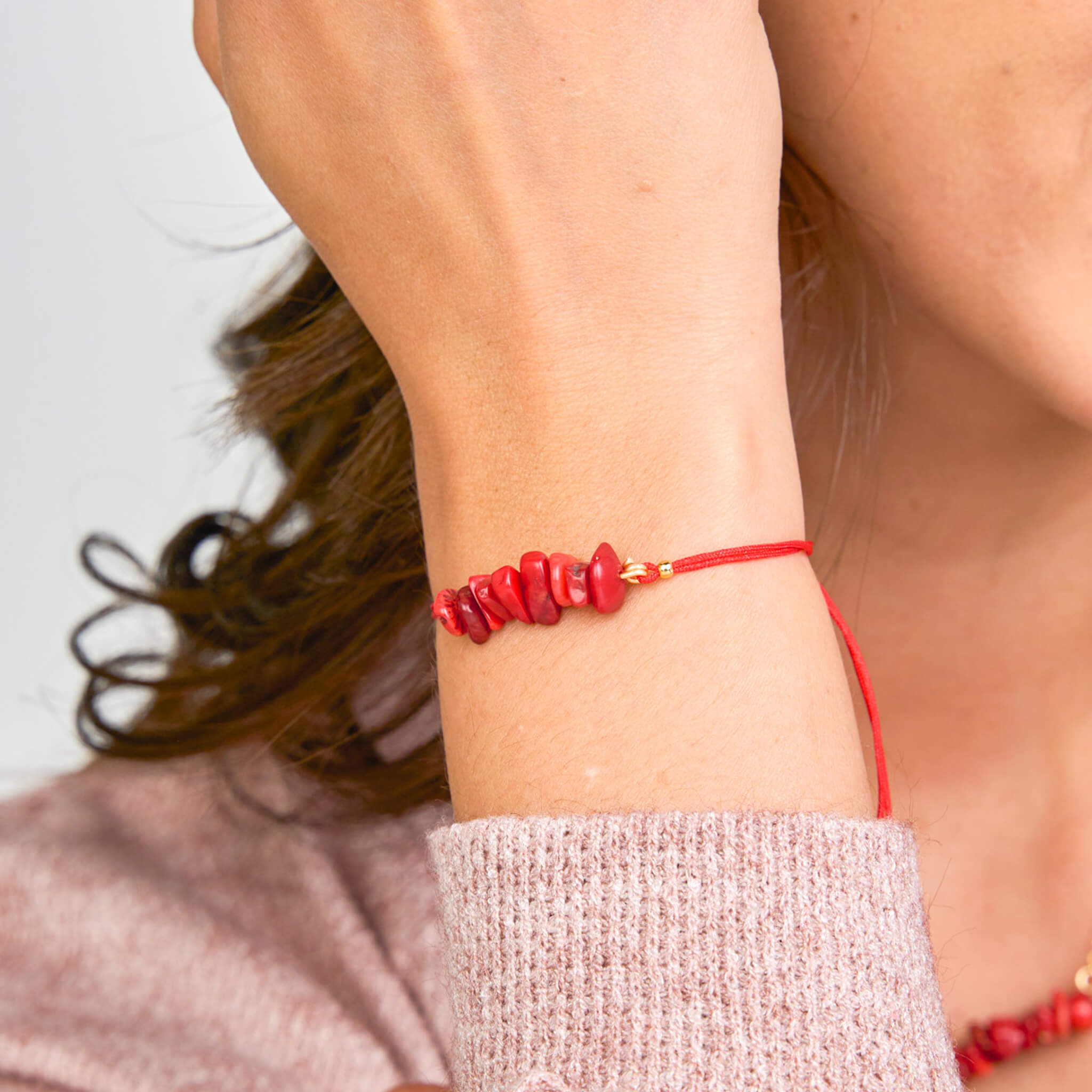 Pulsera Coral Rojo Piedra Natural Hilo Rojo