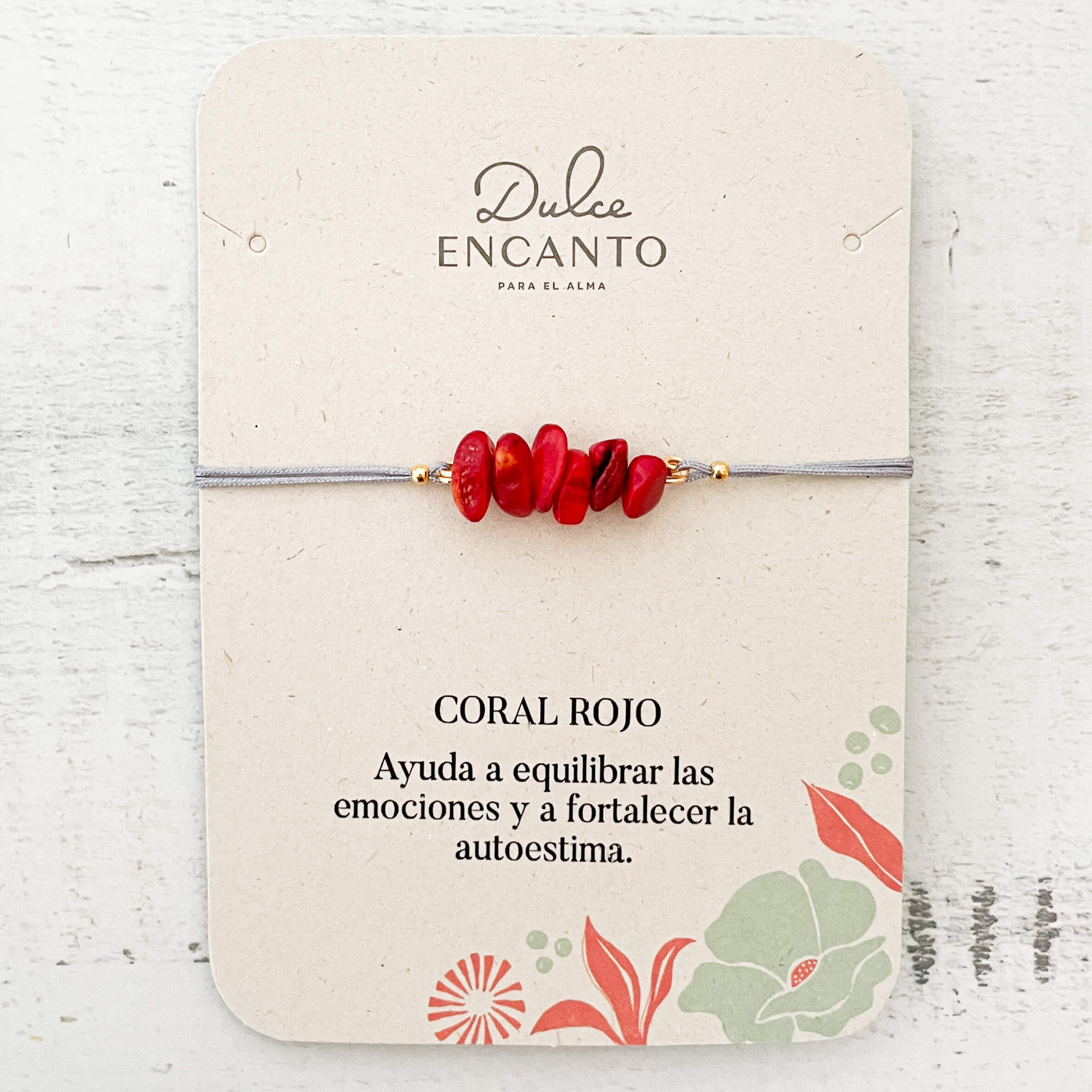 Pulsera Coral Rojo Piedra Natural Hilo Gris
