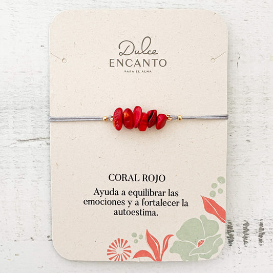 Pulsera Coral Rojo Piedra Natural Hilo Gris