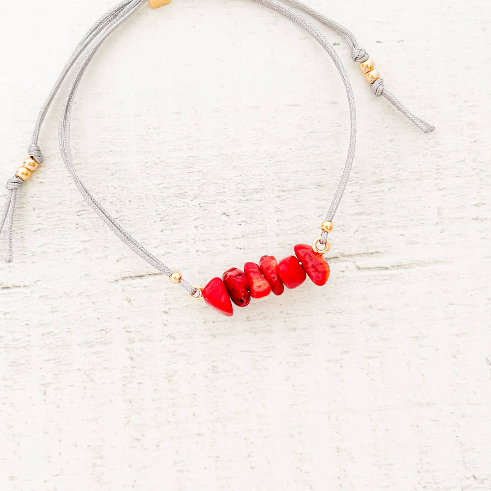 Pulsera Coral Rojo Piedra Natural Hilo Gris