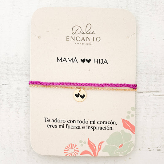 Pulsera Mamá e Hija Dos Corazones Hilo Trenza