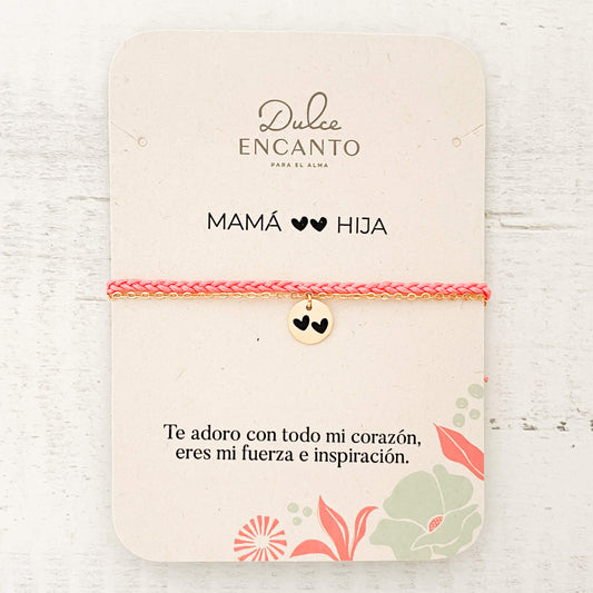 Pulsera Mamá e Hija Dos Corazones Hilo Trenza