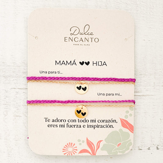 Pulseras Set de 2 Mamá e Hija Dos Corazones Hilo Trenza