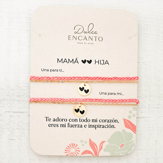 Pulseras Set de 2 Mamá e Hija Dos Corazones Hilo Trenza