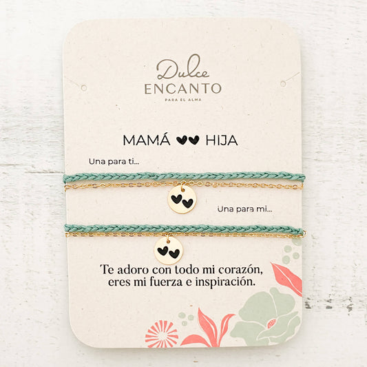 Pulseras Set de 2 Mamá e Hija Dos Corazones Hilo Trenza