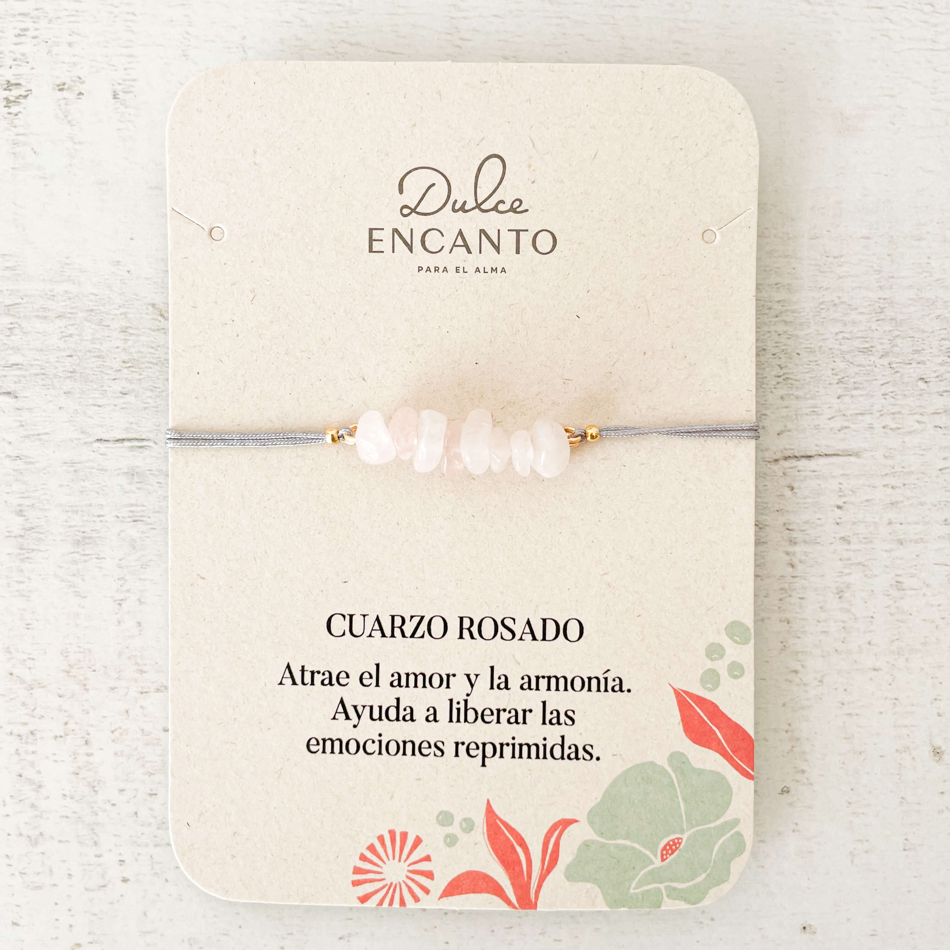Pulsera Cuarzo Rosado Piedra Natural Hilo Gris
