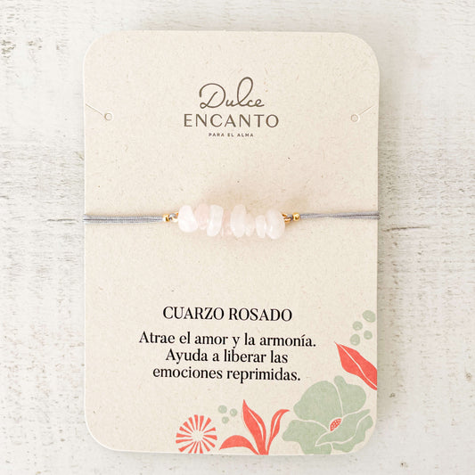 Pulsera Cuarzo Rosado Piedra Natural Hilo Gris