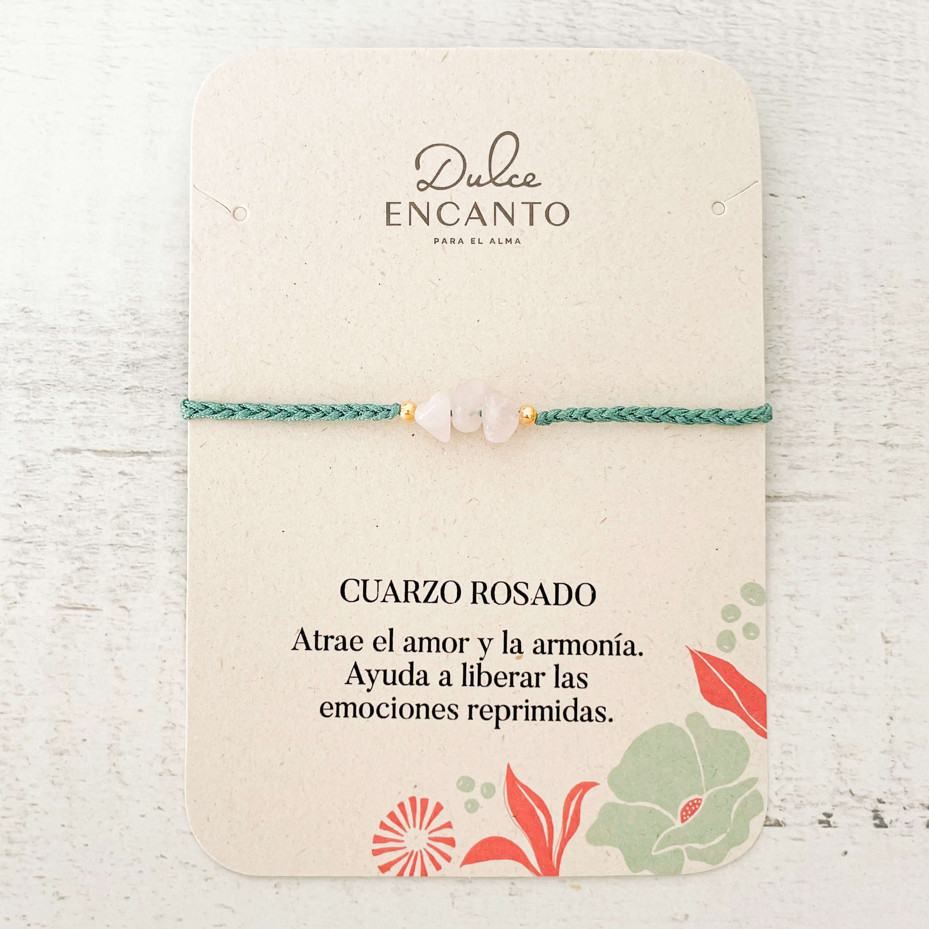 Tobillera Cuarzo Rosado Hilo Verde Trenza