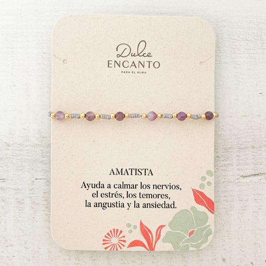 Tobillera Amatista Cuentas Hilo Gris