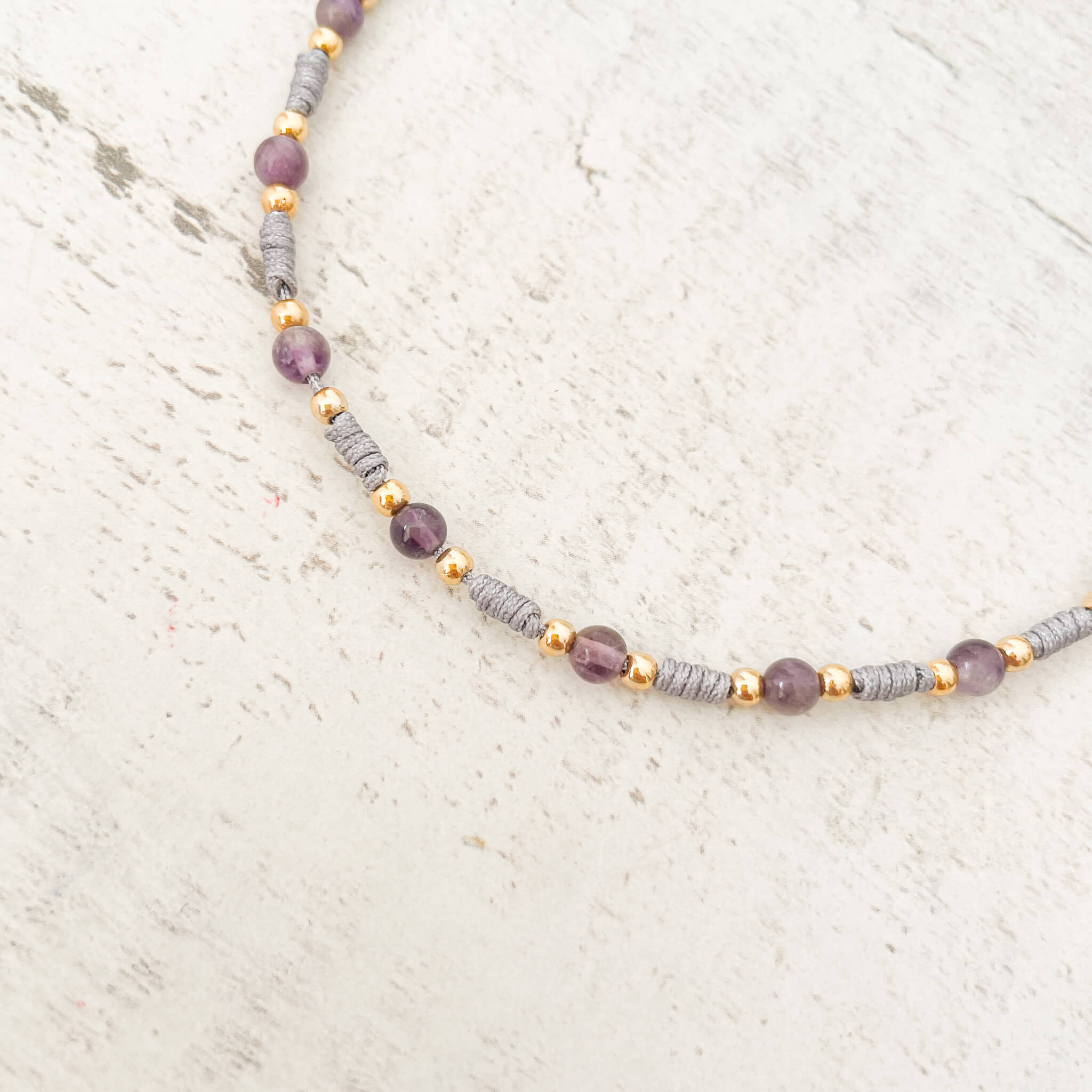 Tobillera Amatista Cuentas Hilo Gris