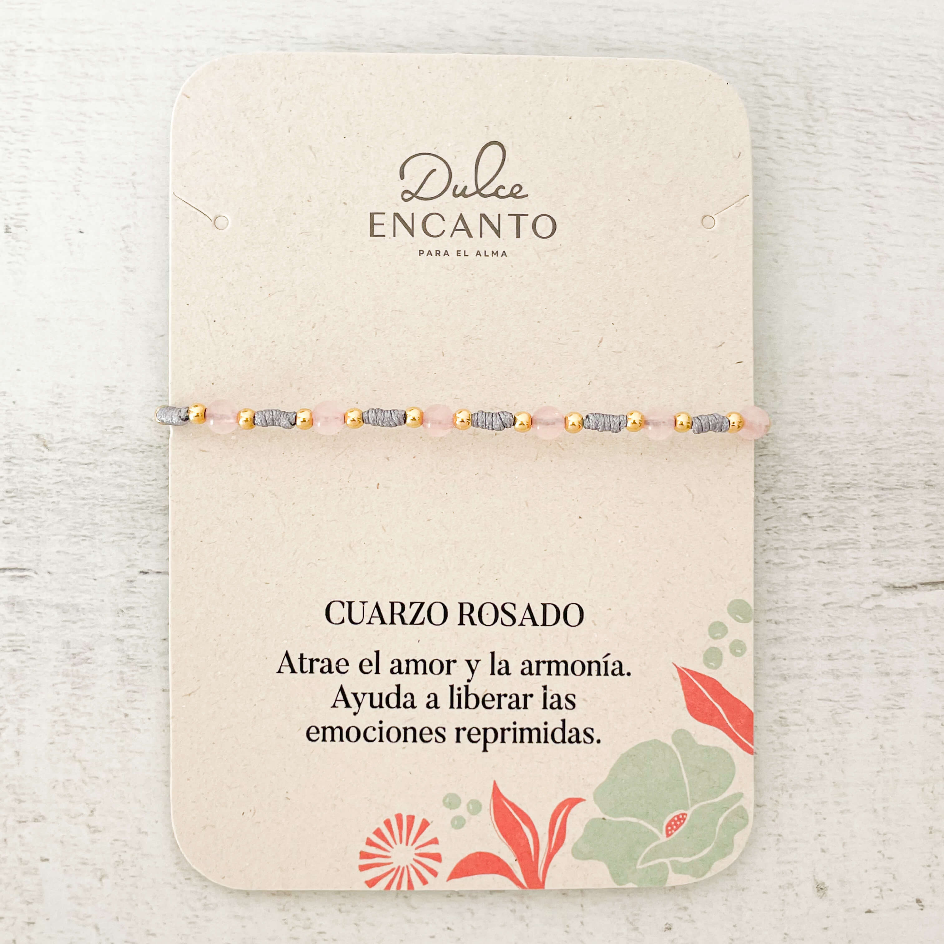 Tobillera Cuarzo Rosado Cuentas Hilo Gris