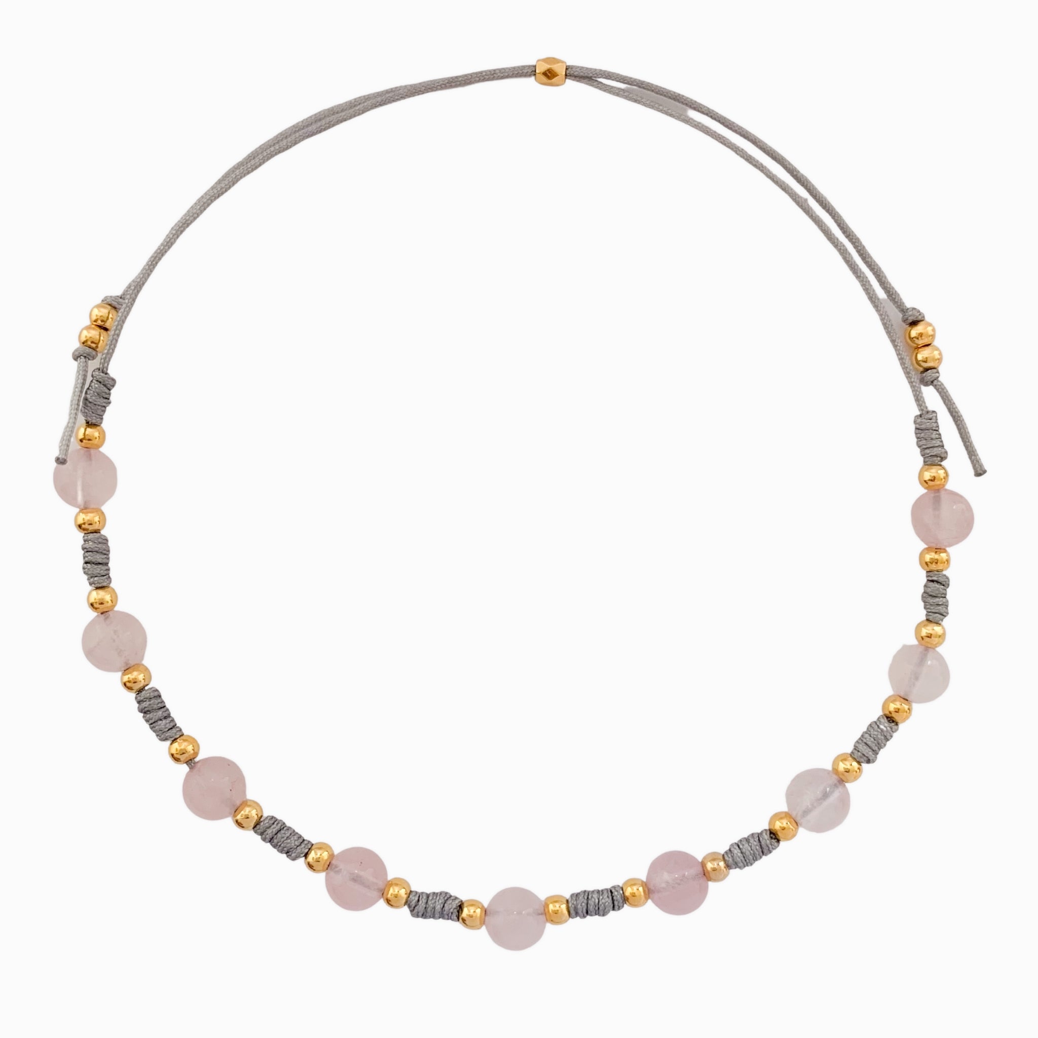 Tobillera Cuarzo Rosado Cuentas Hilo Gris