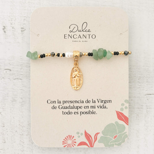 Pulsera Virgencita de Guadalupe Jade Verde Elástica Con Significado