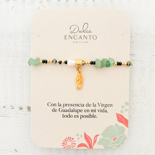 Pulsera Virgencita de Guadalupe Jade Verde Elástica Con Significado