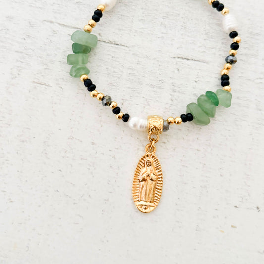 Pulsera Virgencita de Guadalupe Jade Verde Elástica Con Significado