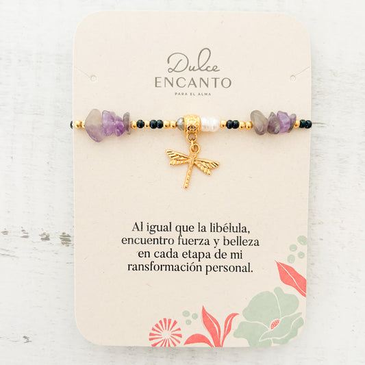 Pulsera Libélula Amatista Elástica Con Significado