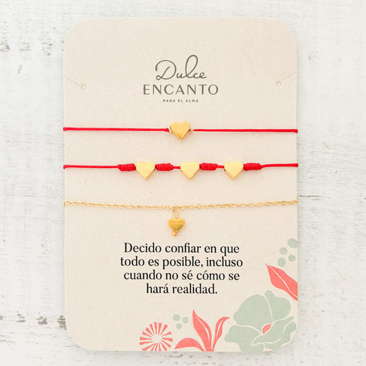 Pulseras Set de Corazones Hilo Rojo Con Significado