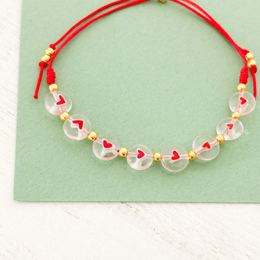 Pulsera Corazones Rojos Cristal Hilo Rojo Ajustable