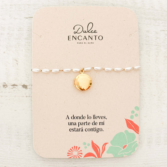 Pulsera Relicario Redondo Mini Liso con Perlas