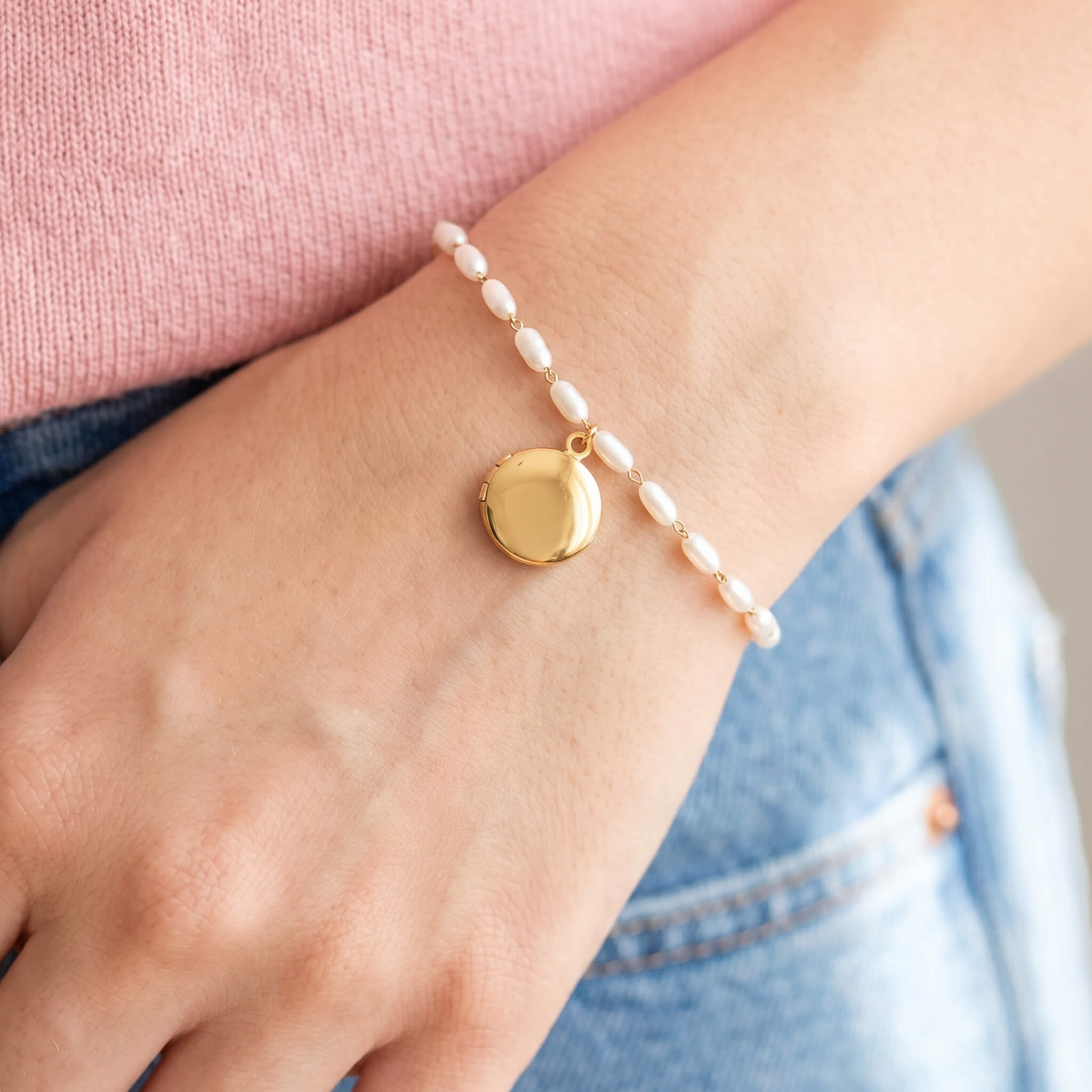 Pulsera Relicario Redondo Mini Liso con Perlas
