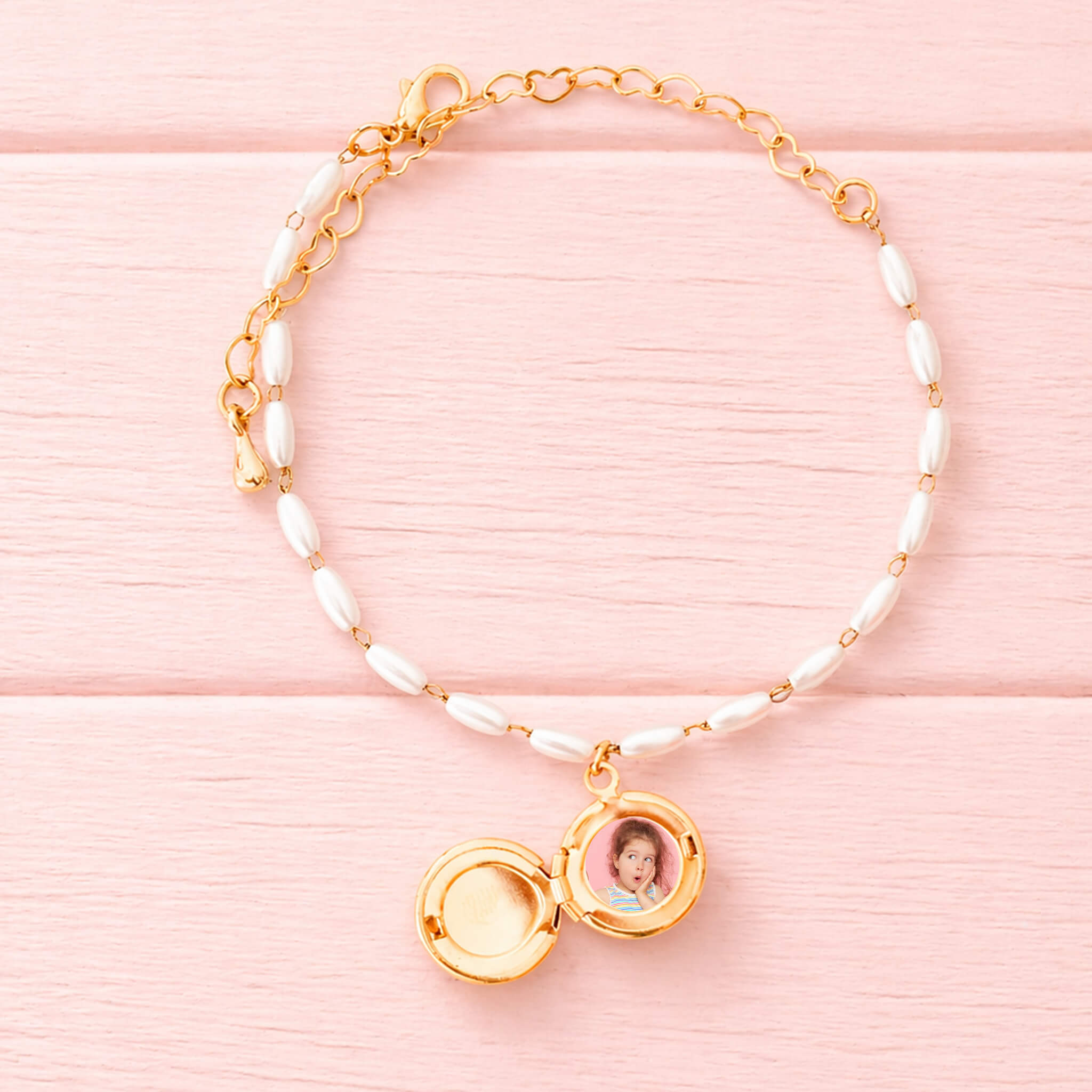 Pulsera Relicario Redondo Mini Liso con Perlas