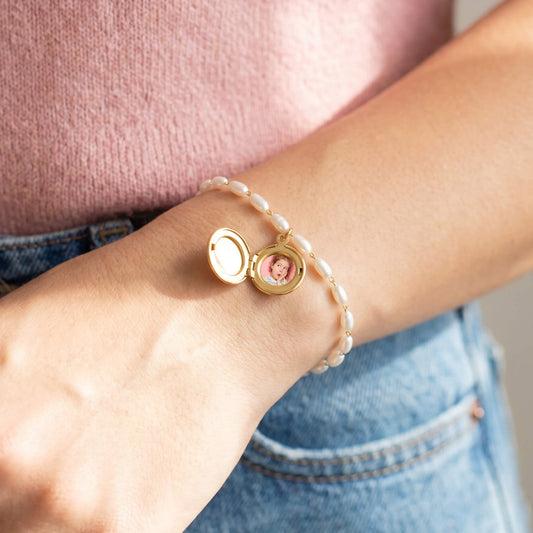 Pulsera Relicario Redondo Mini Liso con Perlas