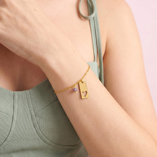 Pulsera Placa Corazón Calado Con Murano Violeta