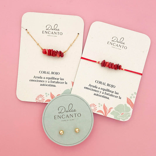 Set Cadena Coral Rojo + Pulsera Coral Rojo Hilo Rojo + Topos