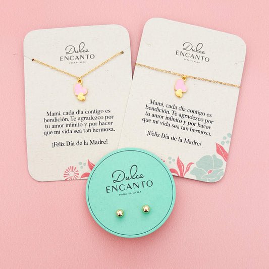 Set Cadena 2 Corazones Rosado-Dorado + Pulsera 2 Corazones Rosado-Dorado + topos