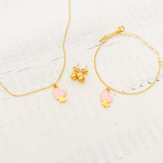 Set Cadena 2 Corazones Rosado-Dorado + Pulsera 2 Corazones Rosado-Dorado + topos