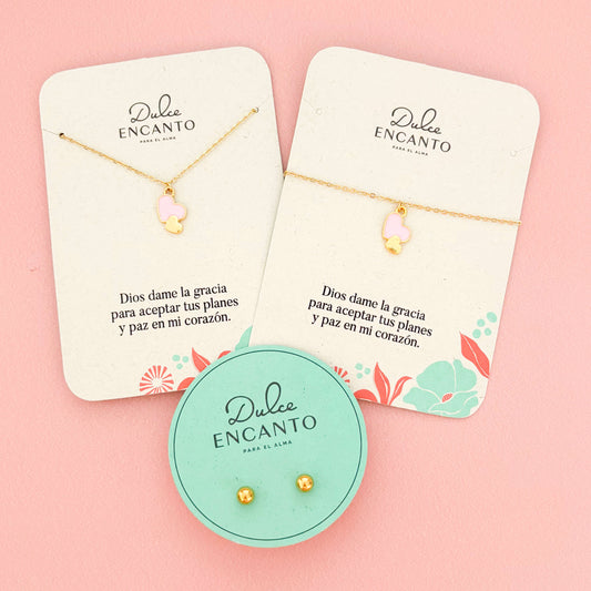 Set Cadena 2 Corazones Rosado-Dorado + Pulsera 2 Corazones Rosado-Dorado + topos
