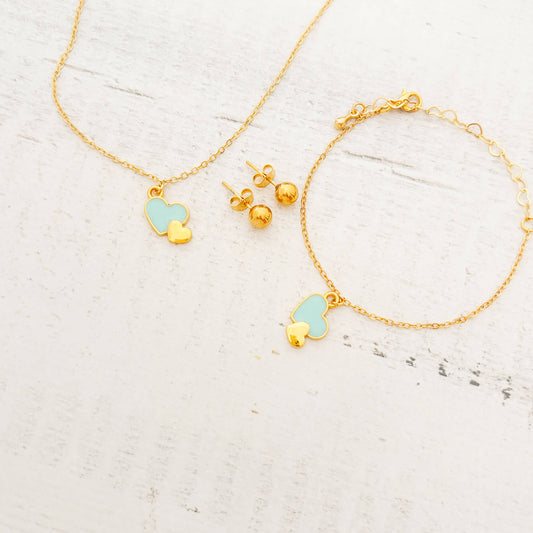 Set Cadena 2 Corazones Azul-Dorado + Pulsera 2 Corazones Azul-Dorado + topos