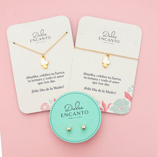 Set Cadena 2 Corazones Blanco-Dorado + Pulsera 2 Corazones Blanco-Dorado + topos